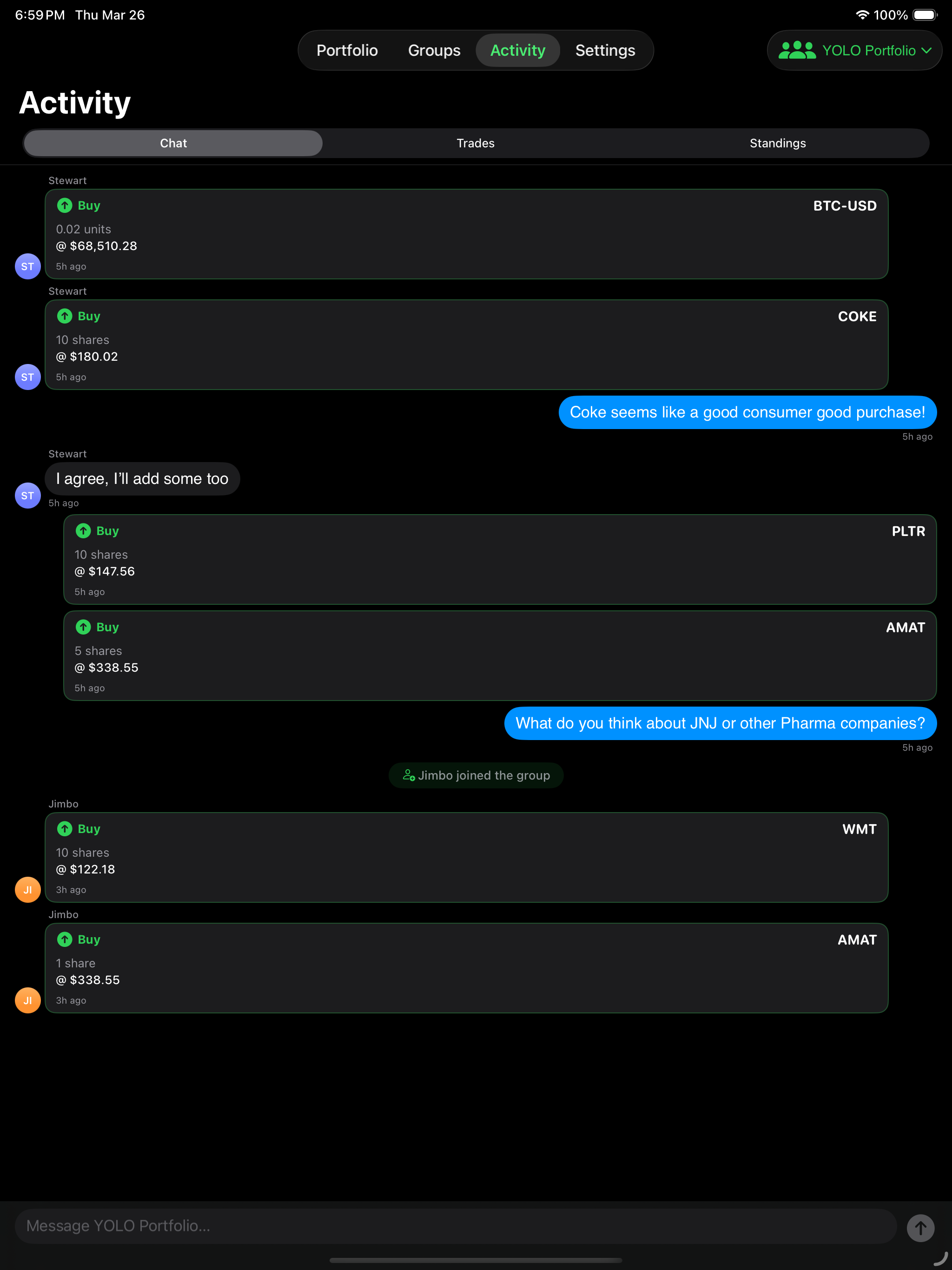 iPad Activity feed with group chat, trades, and members
