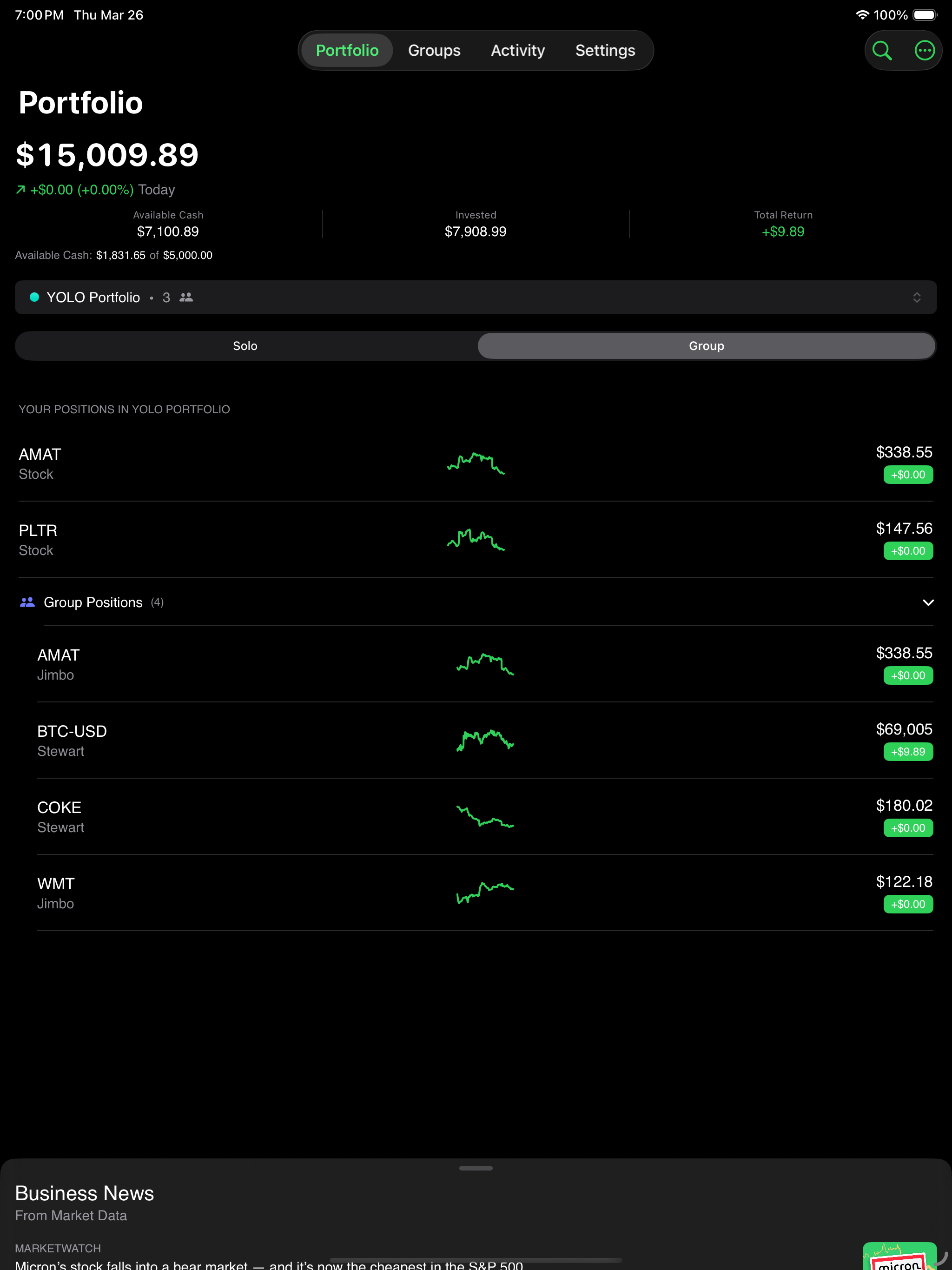 iPad Group Portfolio showing YOLO Portfolio with group positions