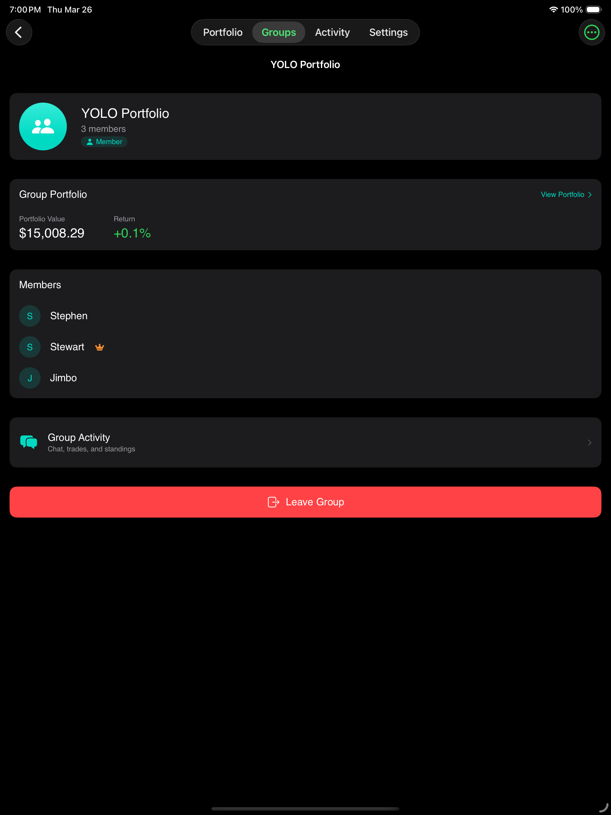iPad Group management view with members list