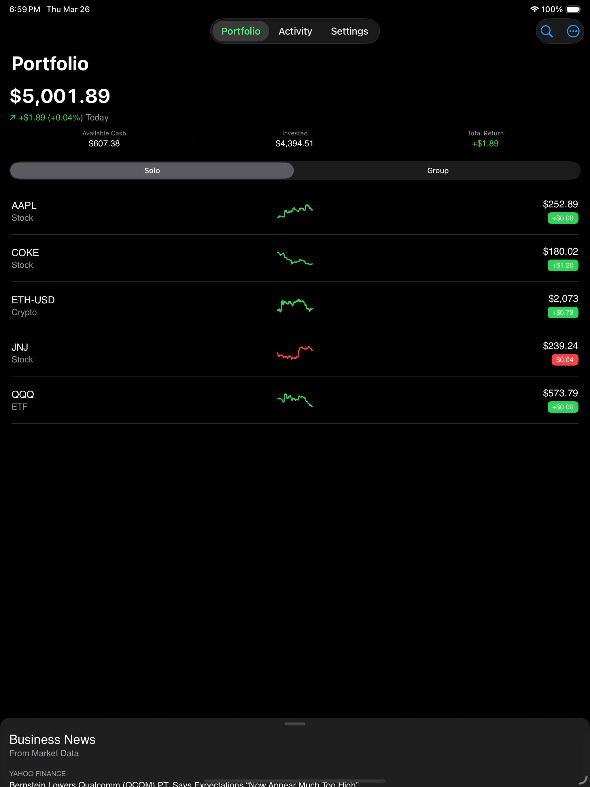 iPad Solo Portfolio showing $5,001 value with position list