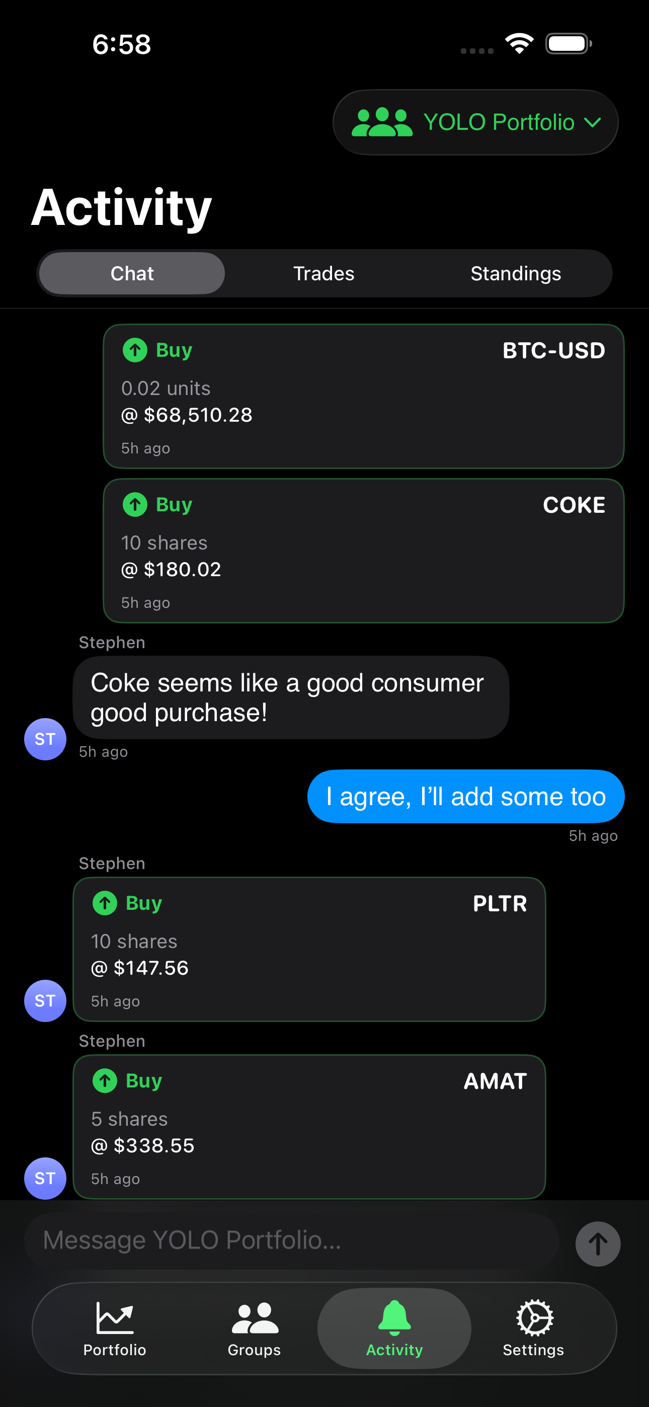 Activity feed showing group chat and trade history