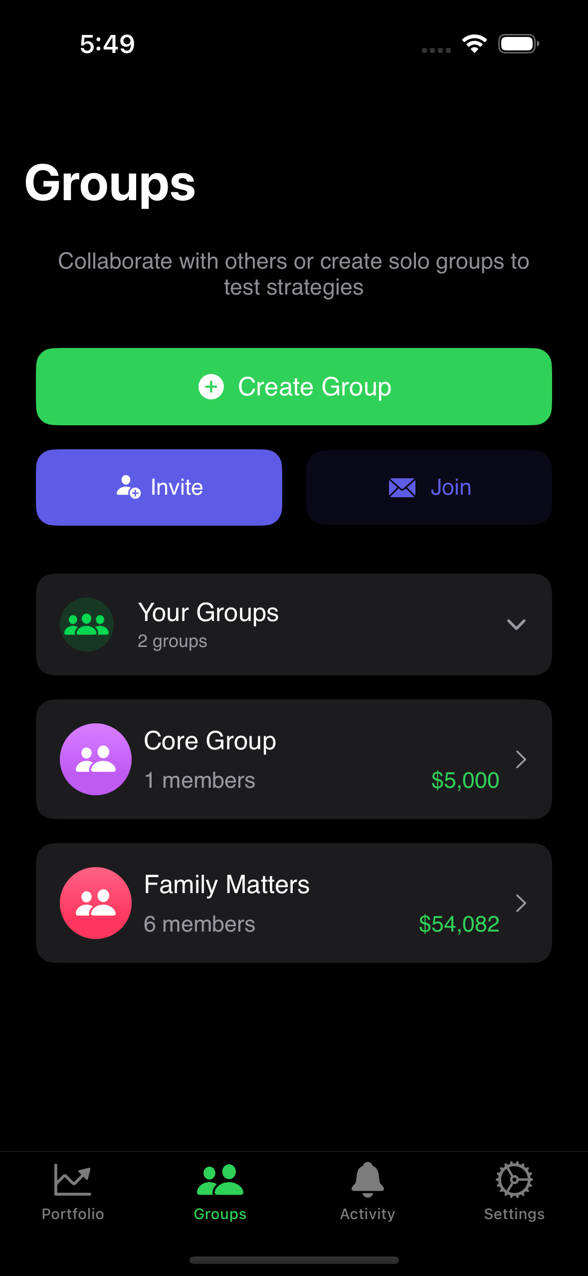 Groups tab showing Create Group, Invite, and Join options