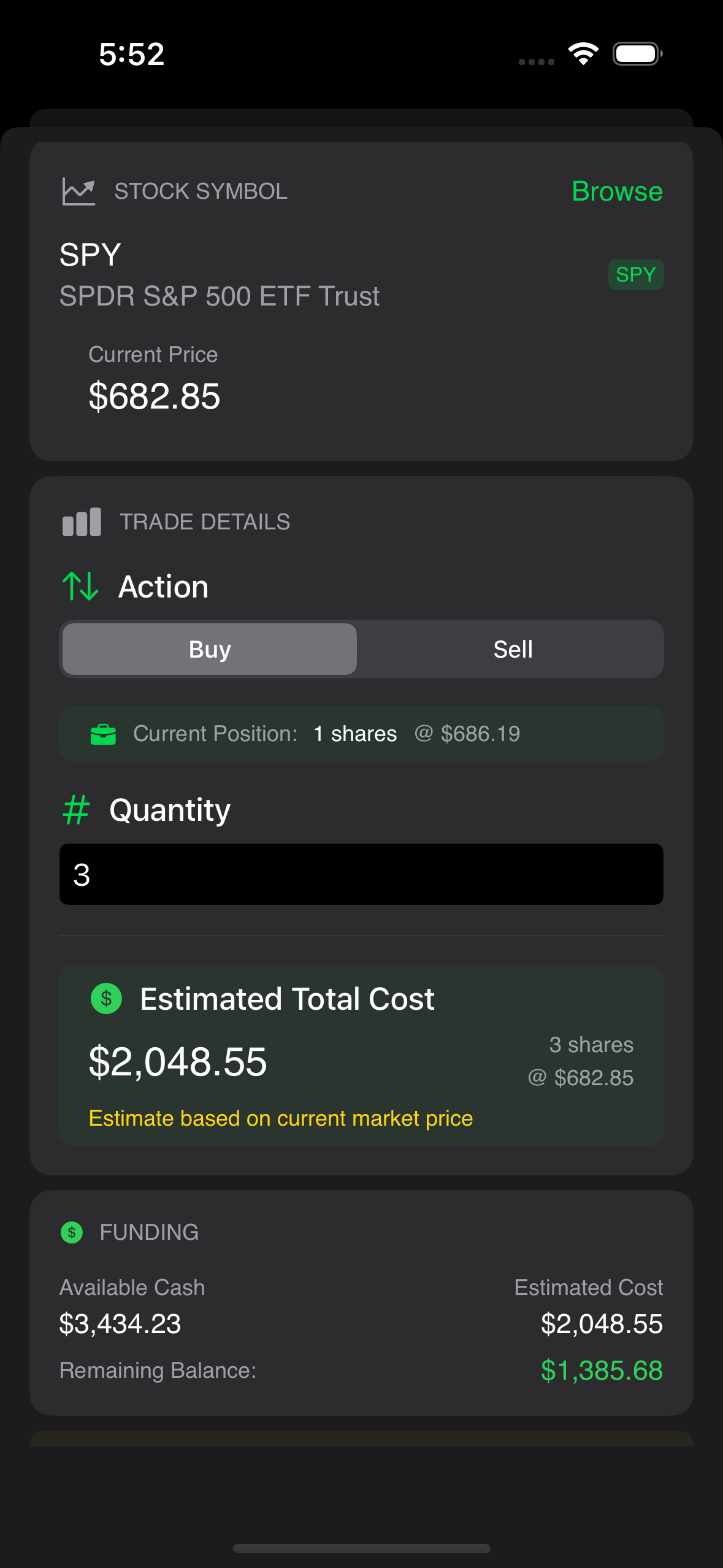 Trading interface showing buy and sell options for SPY